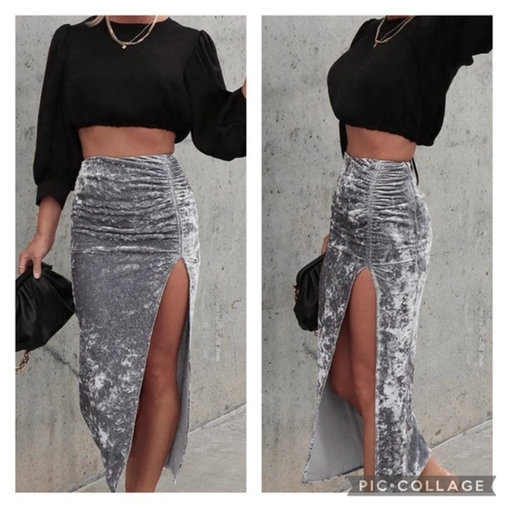 Endless Rose Gray Grey Crushed Velvet Front Slit NWT Midi Skirt XL Cocktail